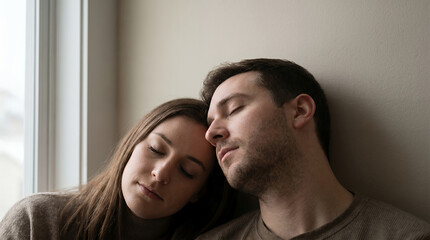 Obraz premium Close-up of a peaceful couple sleeping with heads leaning together against a beige wall