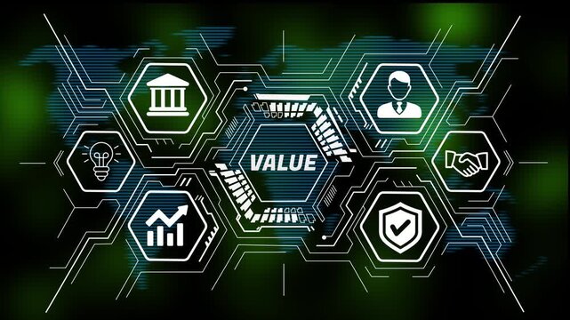 VALUE concept featuring business strategy, innovation, technology, data analysis, teamwork, and growth icons. 4k animation video world map  digital background 