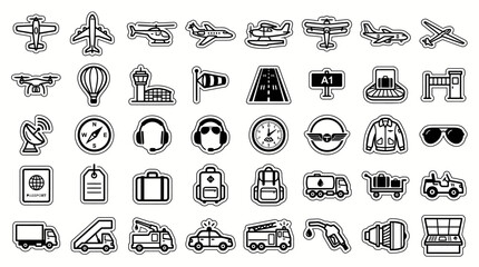 Airport Vehicles, Aircraft, and Pilot Gear Vector Outline Icons © Movie