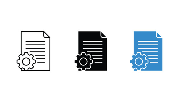 Document with settings gear icon set in line solid and color variations for configuration