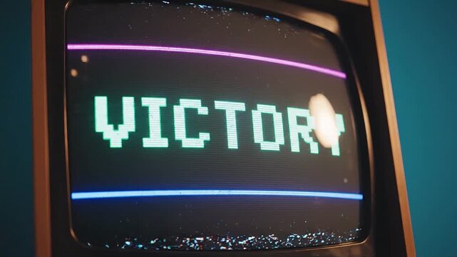 Victory text displayed on vintage analog television screen with heavy static interference and retro glitch digital video effect footage