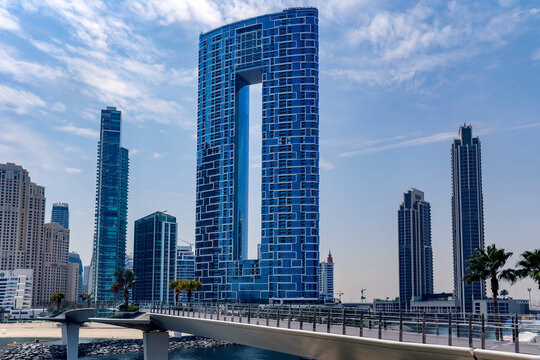UAE, DUBAI, MAY, 05, 2026: The Address Beach Resort in Dubai, a famous skyscraper with a distinctive rectangular opening at its top, boasts the world's highest outdoor infinity pool at 293 meters.