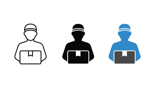 Three courier delivery icons showing outline solid black and blue vector graphics on white background for shipping services
