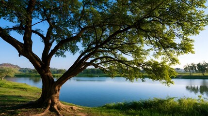 Fototapeta premium A close up view of a tree trunk and branches overlooking a reflective body of water in a serene natural setting