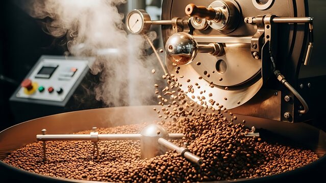 Coffee beans tumbling in industrial roaster machine with steam rising during process