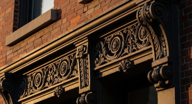 Intricate cast iron architectural detailing on a historic brick building facade with ornate patterns