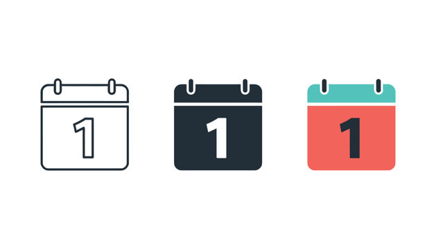 Calendar day one icons line art solid fill and color variations on white background for date or event