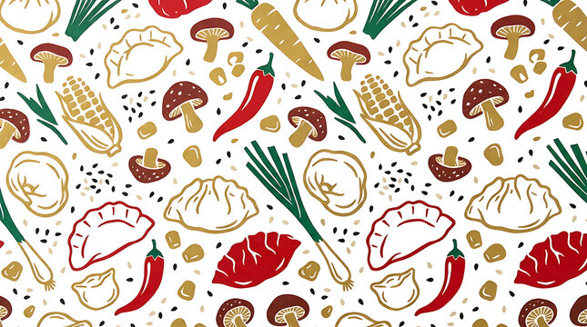 Asian dumpling food pattern with chili and shiitake mushrooms, dumplings