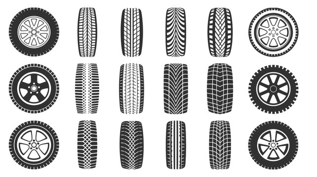 Car wheel icon set, racing tire symbols and speed wheel graphics with track texture for automotive branding, motorsport logos, and transport design use vector design