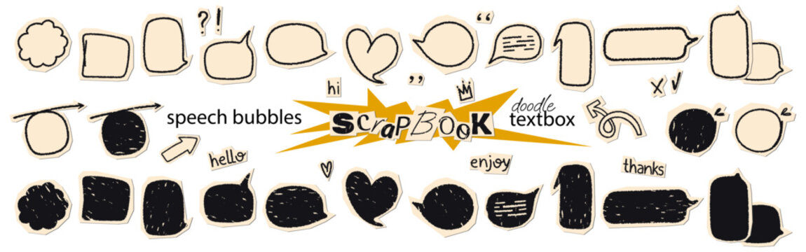 Collage scrapbook speech bubbles set set. Cut out of paper hand drawn crayon doodle fun clipping shapes collection Grunge funky element for mixed media design Vector illustration stickers isolated