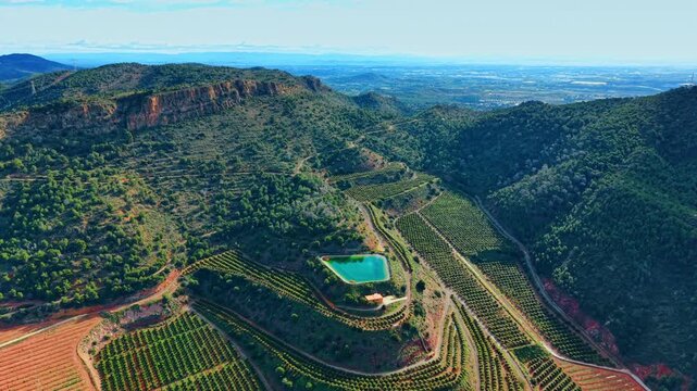 Top down aerial perspective of geometric water reservoir on agricultural terraces. High angle overview of a bright turquoise irrigation pond within geometric terraced fields and trees.