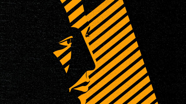 Elegant high-contrast graphic illustration showing a human profile face in shadow against a bold yellow and black striped background.