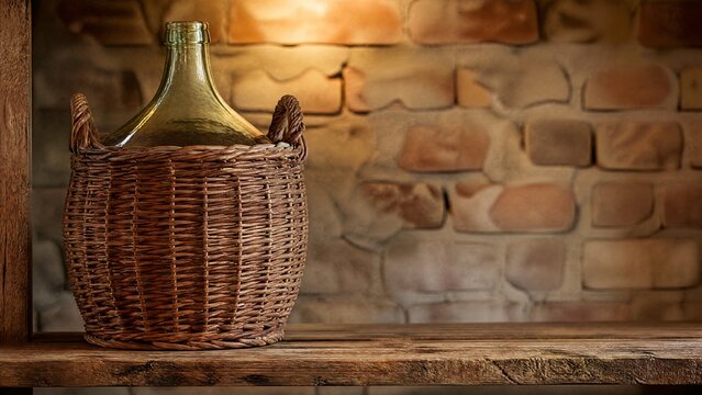 Glass demijohn in wicker wrap, rustic interior concept.