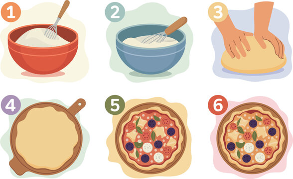 Step by step pizza cooking process infographic with infographic homemade culinary preparation kneading ingredients illustration tutorial instruction delicious restaurant vegetables