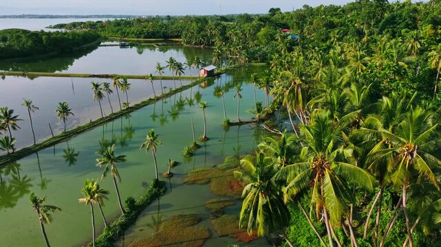 Golden evening light shimmers across flooded palms and quiet tropical waters