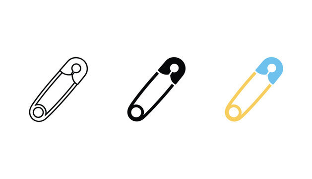 Safety pin icon set outline solid color variations for fastening clothing and crafting concepts