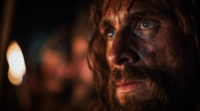 Close up of a man with beard and long hair looking intensely to the side with scars on his face