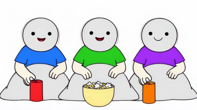 Cartoon Characters Eating Popcorn and Drinking Soda During Movie Night