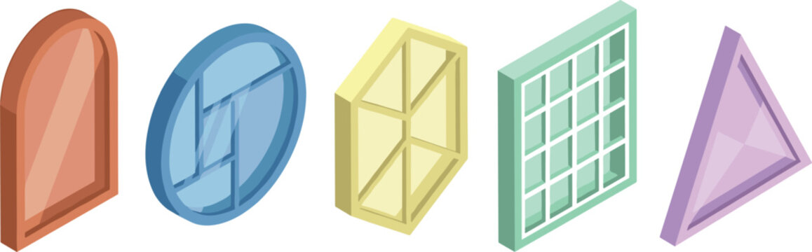 Isometric vector collection of colorful geometric window frames including arch circle hexagon square and triangle shapes isolated on white background for architecture design