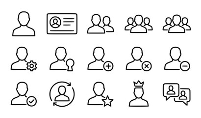 Fototapeta premium A collection of minimalist black line art user and profile icons, representing people, group, add user, remove user, user settings, VIP user, and chat symbols, simple clean outline style, vector illus