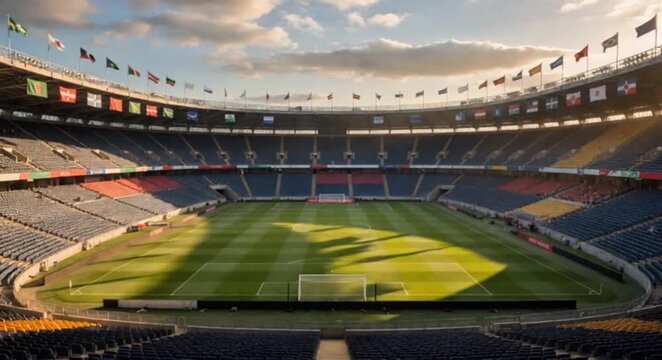 Panoramic view of an empty soccer stadium with international flags during golden hour