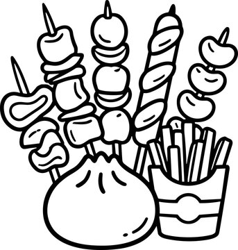 Assorted Food Skewers and French Fries Line Drawing