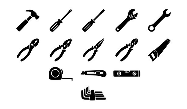 A professional flat solid glyph icon set featuring essential construction and mechanical repair hand tools. Includes a claw hammer, screwdrivers, adjustable wrench, spanner, various pliers, wire cutte
