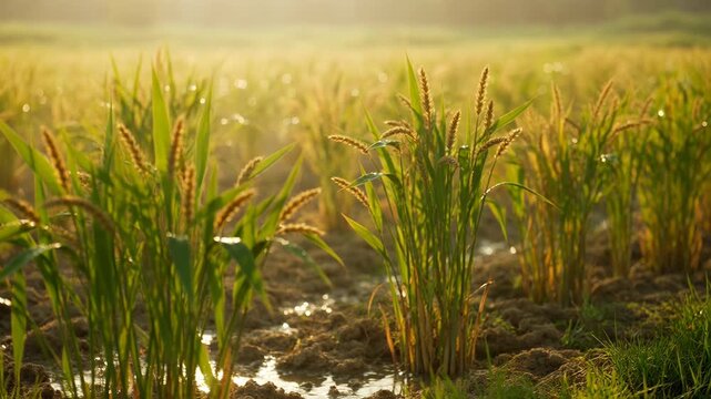 Rice Paddy Field at Sunrise with Dew Drops on Green Ears of Grain