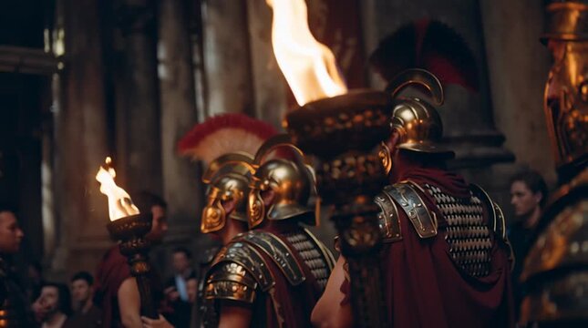 Roman soldier in ornate armor holding a flaming torch in a dark historical setting