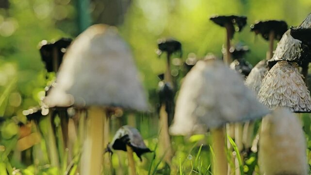 Detailed fungal transformation captured as delicate caps melt into ink