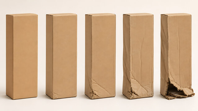 Lifecycle of vertical cardboard shipping box corner damage with e commerce cardboard delivery shipping progression lifecycle logistics e-commerce protective container