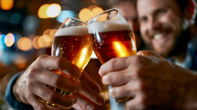 Friends clinking beer glasses in a cozy pub, joyful celebration, nightlife and social gathering concept