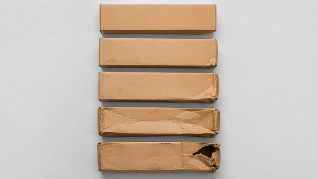Progression of cardboard delivery box corner damage in a top down view with e commerce cardboard delivery shipping progression lifecycle logistics e-commerce protective