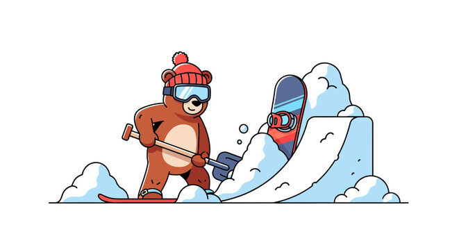 Cartoon Bear Snowboarding Prep: Shoveling Snow, Building Ramp, Winter Sport Fun