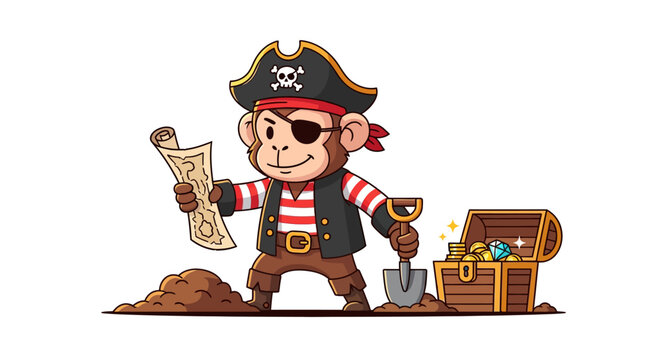 Cartoon Monkey Pirate with Treasure Map, Eye Patch, and Treasure Chest
