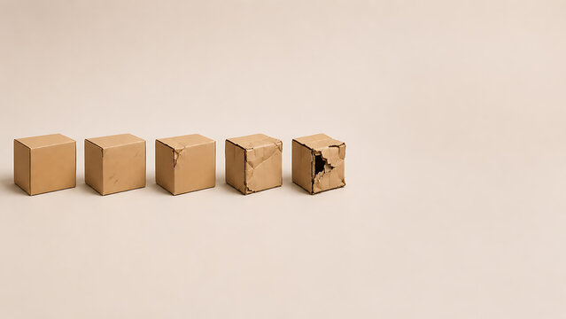 Progressive corner damage on five small cardboard boxes on neutral background with cardboard delivery shipping progression lifecycle logistics transport condition mishandling