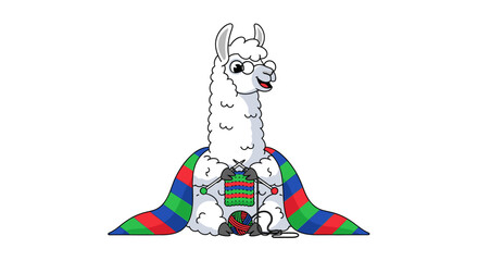Fototapeta premium Cute llama knitting a cozy sweater with colorful yarn and needles