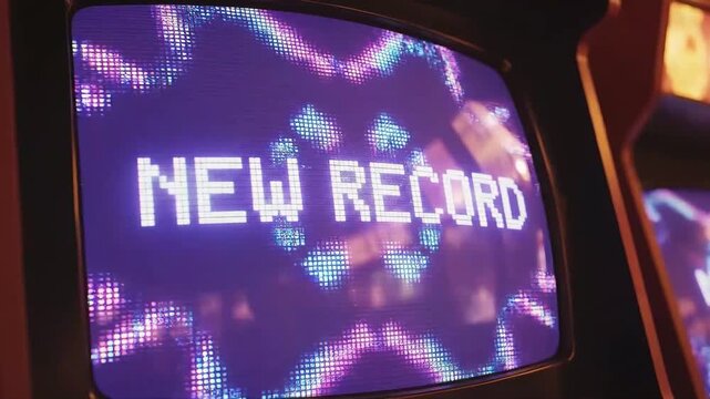 New record arcade game screen displaying glowing pixelated text with vintage cathode ray tube visual effects in motion video