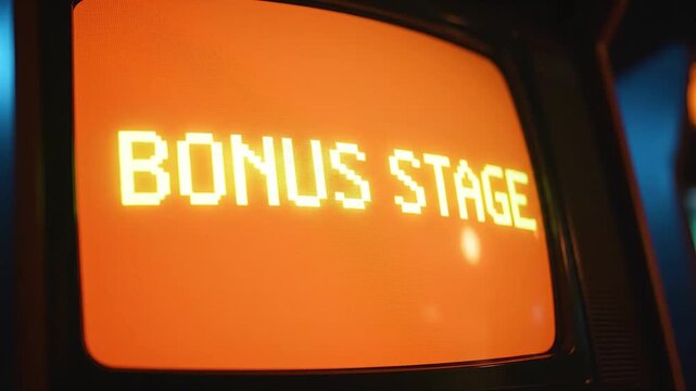 Bonus stage pixelated text video footage displayed on a vintage glowing orange cathode ray tube television screen monitor motion