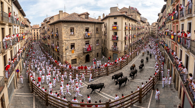 Perspectiva a&eacute;rea de un encierro tradicional recorriendo calles hist&oacute;ricas.