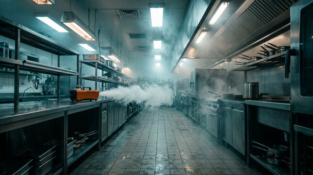 Commercial kitchen fogging machine emitting dense white smoke for pest control treatment cleaning ventilation and sanitization industrial equipment preparation area disinfection services.
