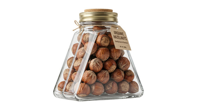 Organic hazelnuts in glass jar with paper tag, raw filbert nuts in transparent container, healthy snack packaging isolated on white background