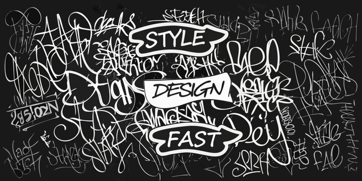 White Graffiti Tags And Typography On Black Background