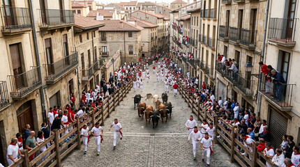 Obraz premium Perspectiva aérea de un encierro tradicional recorriendo calles históricas.