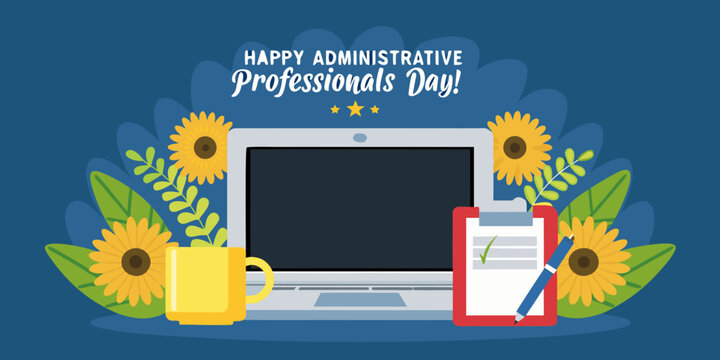 Laptop with sunflowers and clipboard administrative professionals day illustration