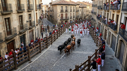 Obraz premium Perspectiva aérea de un encierro tradicional recorriendo calles históricas.