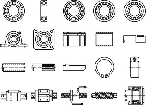A collection of various mechanical engineering components, including ball bearings, pillow block bearings, retaining rings, linear bearings, and screw jacks.
