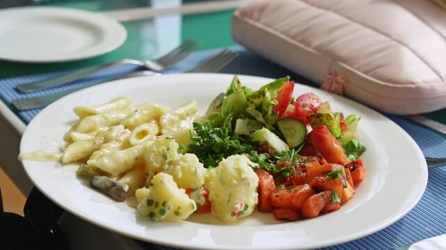 Close-up of a white plate filled with vegetarian food, featuring creamy penne pasta, fresh garden salad, and seasoned potatoes. Served on a blue placemat at a bright dining table during lunchtime.