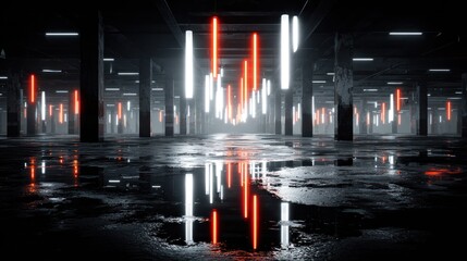 Fototapeta premium Numerous vertical fluorescent illumination fixtures hang within a cavernous, industrial space featuring wet, reflective flooring.