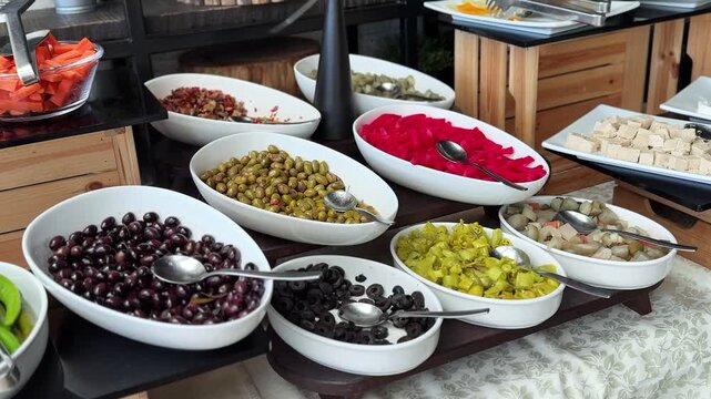 A close-up view of a diverse indoor catering buffet station during the daytime. White ceramic bowls display an assortment of fresh black and green olives, pickled vegetables, and sliced carrots.